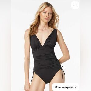 NWOT Michael Kors Plunging Shirred  Black One-Piece Swimsuit Size 4